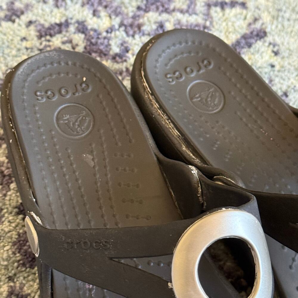 Black Women’s Crocs Light Wedge Rubber Thong Sandals with Silver Ring Detail - Picture 8 of 8